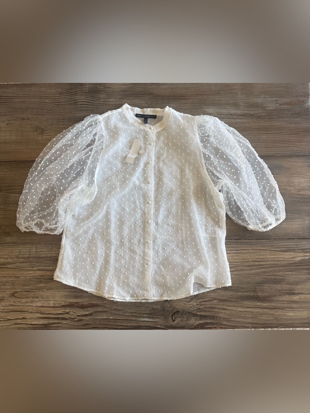 White House Black Market White Organza Dot Puff Sleeve Blouse XLP NWT